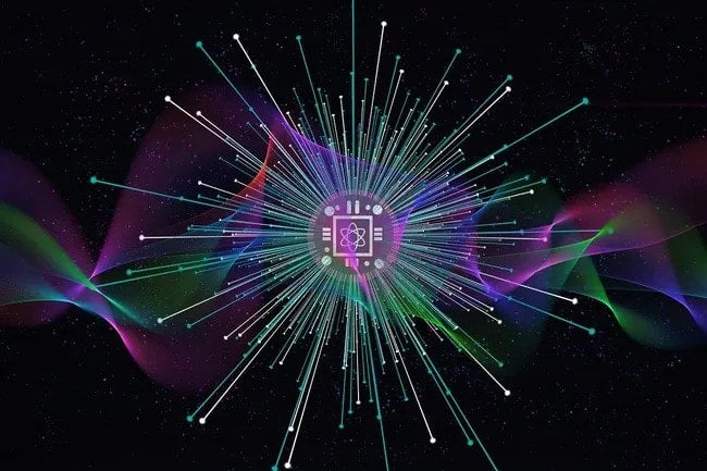 Квантын технологи, түүний хэрэглээг харуулсан харанхуй, одтой дэвсгэр дээр олон өнгийн шугам, долгион цацруулж, төвд атомын тэмдэг бүхий микрочипийн хийсвэр дижитал дүрслэл. - Business.MN