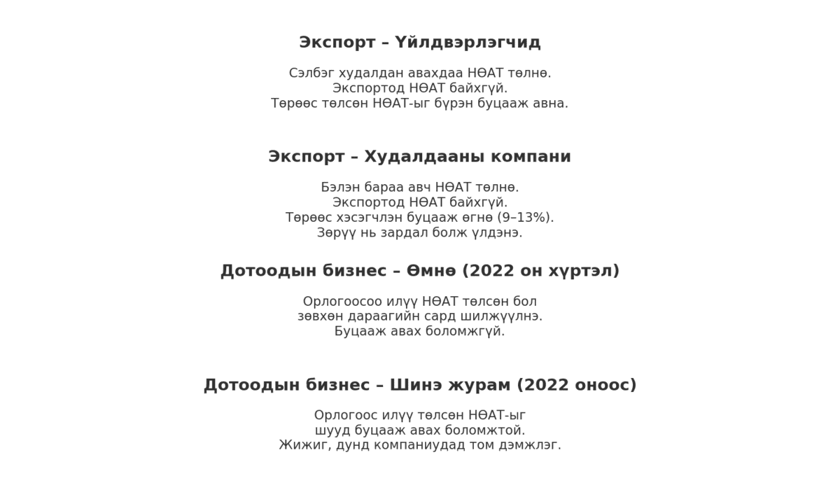 компаниуд хуучин хуримтлагдсан НӨАТ дээрээ ч буцаан олголт авах боломжтой.