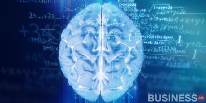 Цаана нь математикийн тэгшитгэл, тоо бүхий тархины дүрслэл. Давхардал нь оюун ухаан, аналитик сэтгэлгээний сэдвүүдийг санал болгодог. Буланд нь "Бизнес" гэсэн үг хэсэгчлэн харагдаж байна. - Business.MN