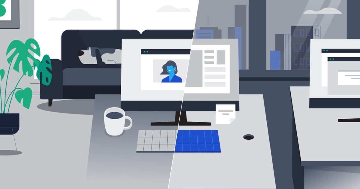 Ширээний компьютер бүхий ажлын талбайн зураг. Нэг тал нь буйдан дээр байгаа муур, ургамал бүхий гэрийн орчинг харуулсан бол нөгөө тал нь цонхоор харагдах хотын барилгууд бүхий оффисын орчинг харуулж байна. Энэ хоёр тохиргоо нь ижил төстэй ширээний эд зүйлсийг агуулдаг бөгөөд энэ нь гэрийн бизнес болон компанийн даалгаврыг тэнцвэржүүлэх аливаа бизнес эрхлэгчдэд тохиромжтой. - Business.MN