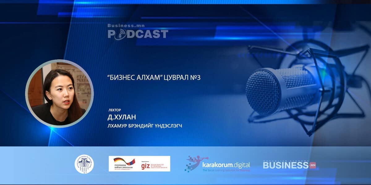 Эмэгтэй хүний зураг, микрофоны дүрслэл, компанийн лого, бизнес дэх брендийн тухай монгол бичвэр бүхий подкаст хавтас. - Business.MN