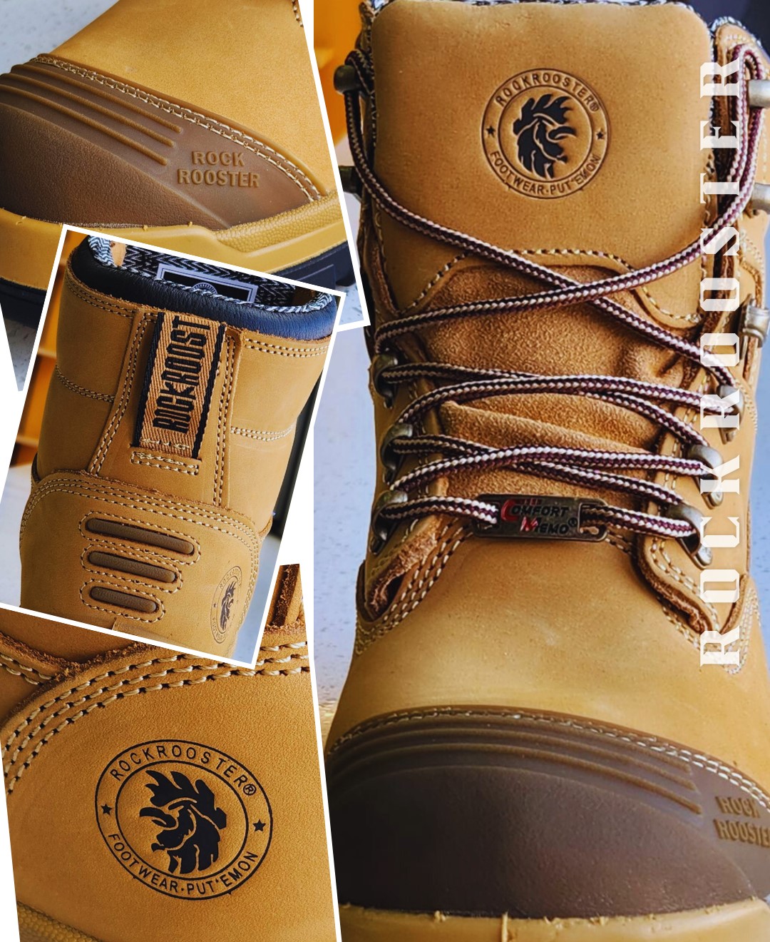 Collage of tan Rockrooster work boots showing close-up details, including the logo, laces, metal eyelets, rugged soles, and "ROCKROOSTER" branding on leather and rubber surfaces.