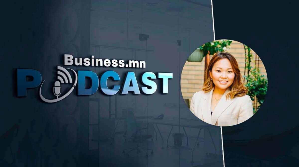 Business.mn Подкастын график сурталчилгаа. Зурган дээр зүүн талын бараан дэвсгэр дээр "подкаст" гэсэн үгэнд микрофоны дүрс дүрслэгдсэн байна. Баруун талд нь ногоон өнгийн фонтой инээмсэглэж буй компани успехийг төлөөлж буй цайвар өнгийн пиджак өмссөн эмэгтэй дүрслэгдсэн байна. - Business.MN