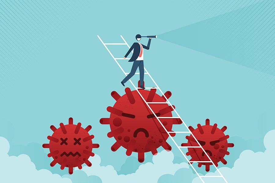 Үүлэн дунд хөмсөг зангидсан вирусын тоосонцор дээгүүр шат дээр дуран ашиглаж буй энтрепренерийн дүрслэл. - Business.MN