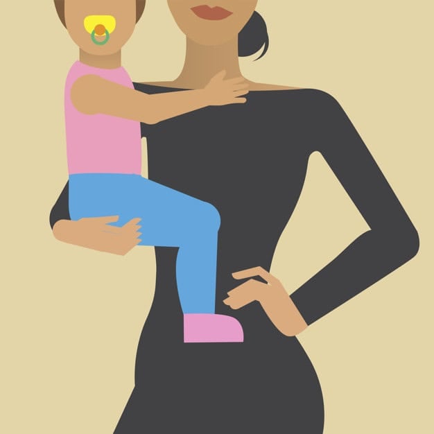 Олон энтрепренерүүдийн бизнес болон гэр бүлийн амьдралын тэнцвэрт байдлыг харуулсан хөх өнгийн цамц, хөх өмд өмссөн хүүхэд тэвэрсэн хар даашинзтай эмэгтэйн зураг. - Business.MN