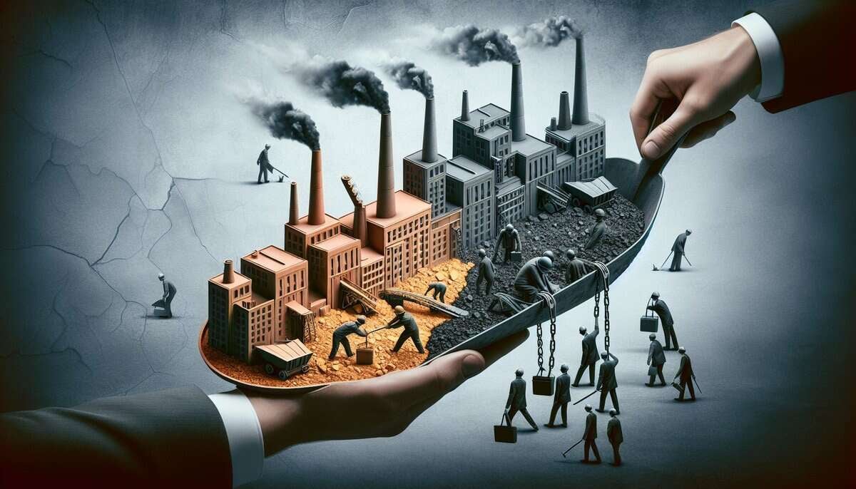 Дижитал урлагийн бүтээлд төрийн өмчийн сэдвүүдийг тусгасан утаа хөөрч буй бяцхан үйлдвэрүүд бүхий тавиур барьсан хоёр гар дүрслэгдсэн байна. Нэг талдаа ажилчид алтан шороо ухаж байхад нөгөө талд нь нүүрсээр ажилладаг. Доорх жижиг дүрсүүд нь хагарсан, саарал дэвсгэр дээр хүнд ачаа зөөвөрлөж байна. - Business.MN