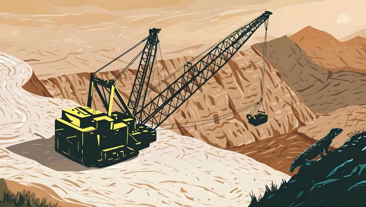 Illustration of a large dragline excavator in a vast, arid open-pit mine, reflecting the Нүүрсний зах зээлийн тойм. The machine features a long lattice boom and a suspended bucket against barren, layered earth and rolling hills under a hazy, beige sky.
