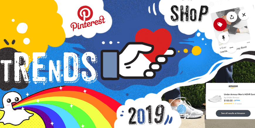 Pinterest лого, дэлгүүрийн дүрс, 'Trends 2019' текст, солонго, бизнес болон санхүү сэдвүүдийг харуулсан янз бүрийн зурагтай элементүүд бүхий өнгөлөг эвлүүлэг. - Business.MN