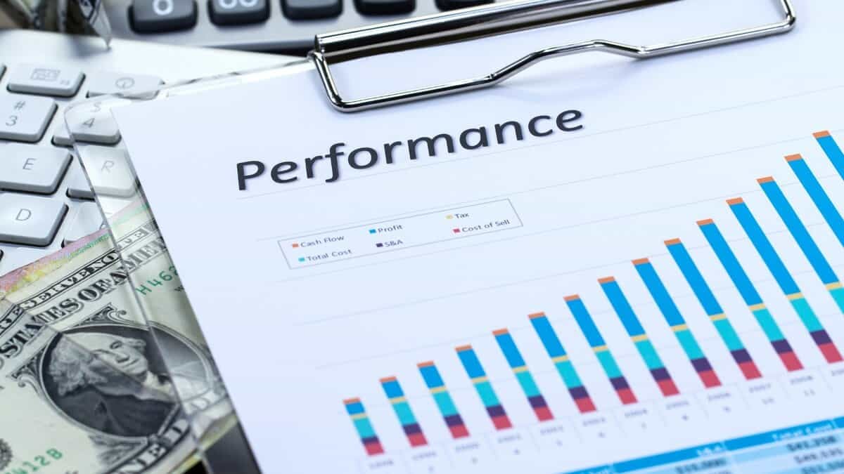 Гүйцэтгэлийн тайланг санах ойн самбар дээр харуулсан бөгөөд өнгөлөг баганан диаграмм болон мөнгөн гүйлгээ, ашиг, татвар, нийт зардал, борлуулалтын өртөг зэрэг санхүүгийн янз бүрийн хэмжигдэхүүнүүдийг багтаасан болно. Цаана нь тооцоолуур, үзэг, ам.долларын дэвсгэрт харагдана. - Business.MN