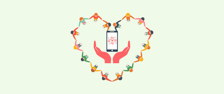 Ухаалаг гар утсыг барьж буй гарыг тойруулан зүрхний хэлбэрийг бүрдүүлж, гар барьж буй янз бүрийн хүмүүсийн дүрслэл. Ухаалаг гар утас нь олон нийт, дижитал эрүүл мэндийг бэлгэддэг зүрхний цохилтын тэмдгийг харуулдаг. - Business.MN