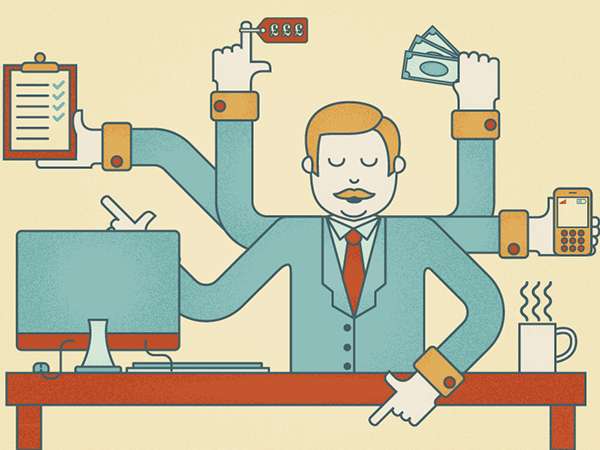 Баримт бичигт гарын үсэг зурах, мөнгөтэй харьцах, компьютер дээр ажиллах, санах ой удирдах, тооны машин ашиглах, кофе шимэх зэрэг олон ажлыг үр дүнтэй гүйцэтгэдэг зургаан гартай энтрепренерийн дүрслэл. - Business.MN