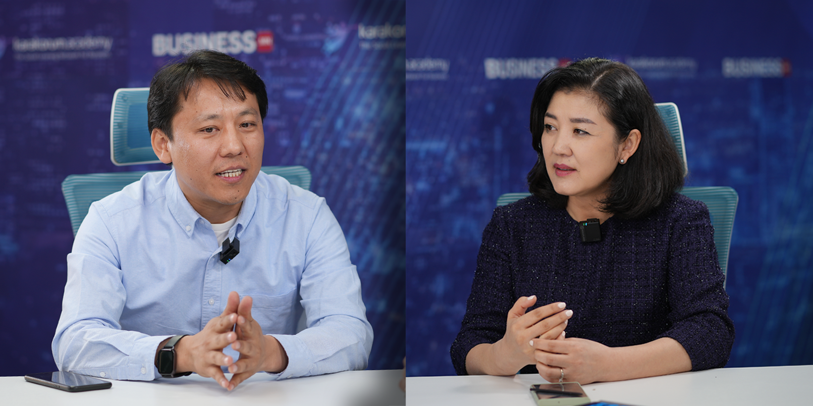 Дэлгэц хуваасан зураг нь бизнесийн ярилцлагын орчинд хоёр энтрепренерийг харуулж байна. Зүүн талд байгаа хүн цайвар цэнхэр цамц өмсөж, ярьж, гараараа дохиж байна. Баруун талд байгаа хар хөх өнгийн пиджак өмссөн хүн бас ярьж, дохио зангаа илэрхийлж байна. Хоёулаа нэг ширээнд сууж байна. - Business.MN