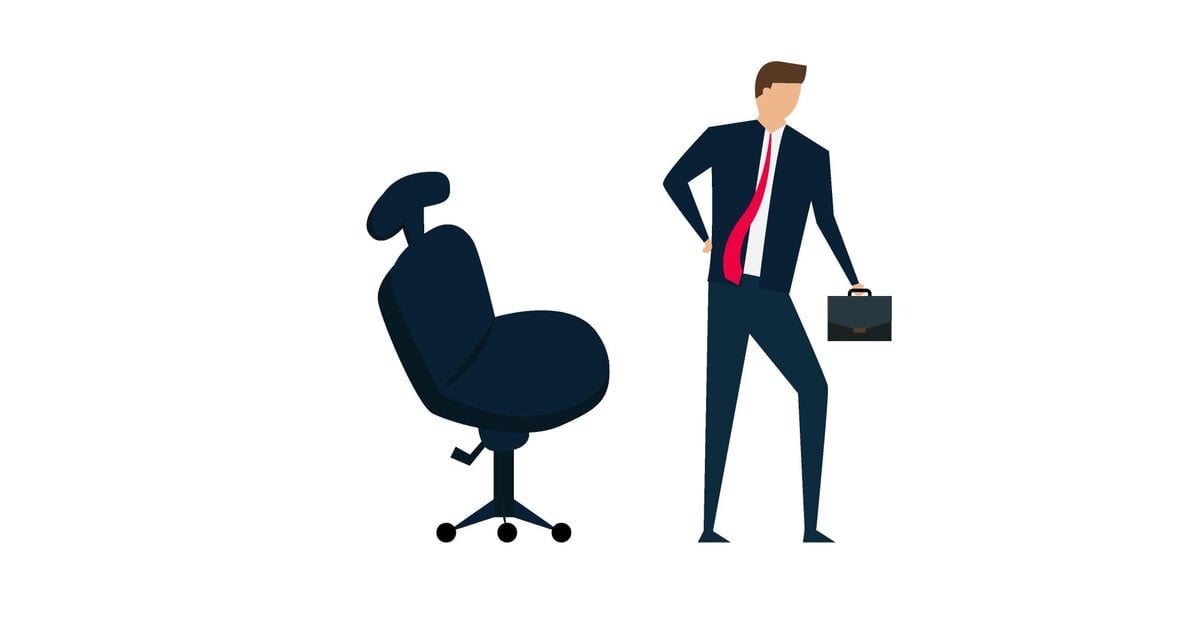 Illustration of a man in a suit holding his lower back in pain, standing beside an office chair, and carrying a briefcase.