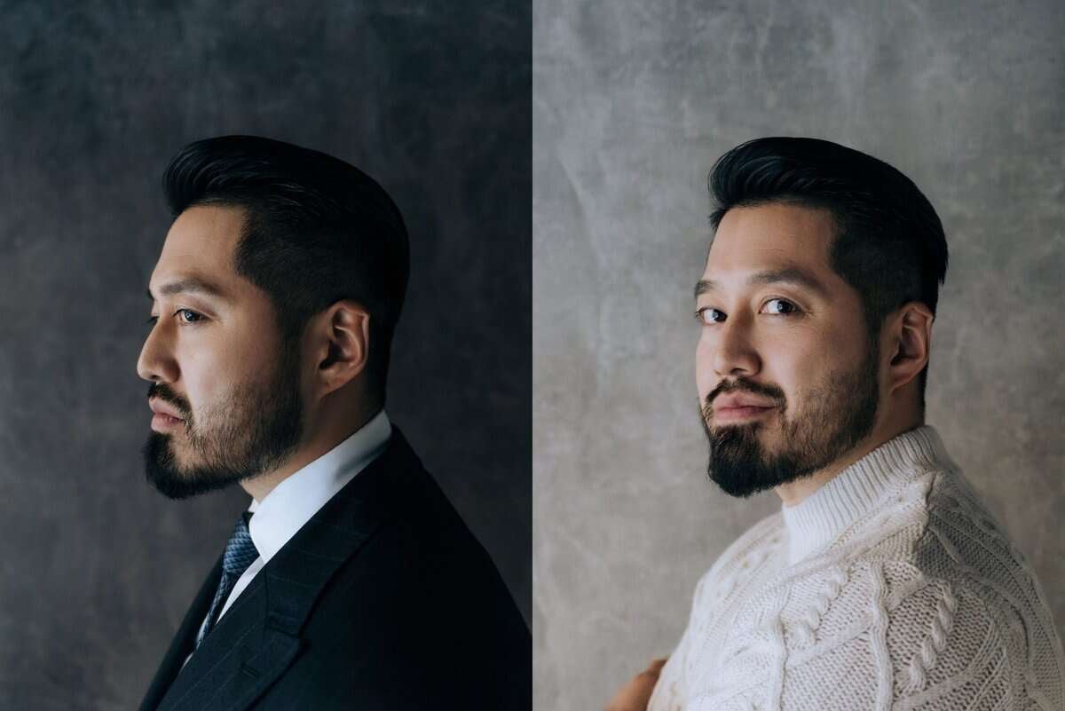 Хажуу талын хоёр хөрөг дээр сахал сахалтай эрийг харуулсан. Зүүн талд тэрээр костюм өмсөж, бизнес хувцасаа харуулсан бараан дэвсгэр дээр зүүн тийшээ хардаг. Баруун талд тэрээр цагаан өнгийн сүлжмэл цамц өмсөж, урагш ширтэж, цайвар саарал дэвсгэр дээр энтрепренерийн энгийн талыг бэлэгддэг. - Business.MN