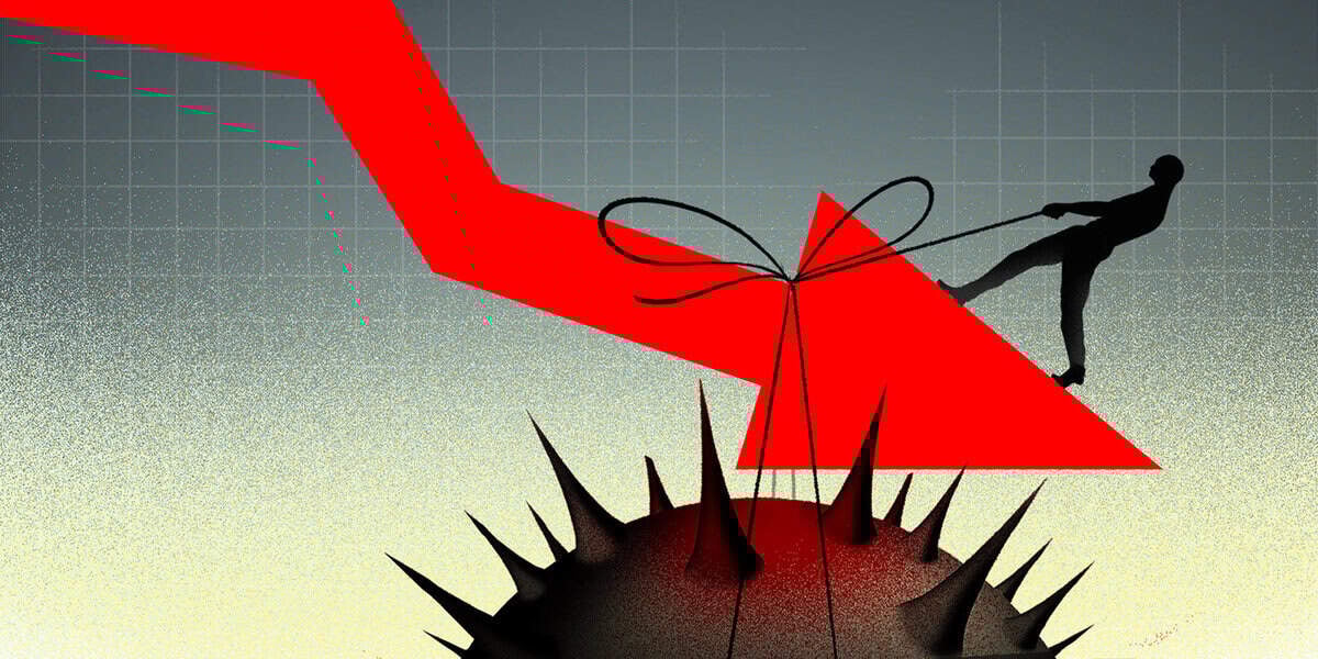 Энтрепренер нь саарал өнгийн дэвсгэр дээр байрлуулсан вирустай төстэй гөлгөр объектын дээгүүр туузаар зангидсан доош сумыг татаж байна. - Business.MN