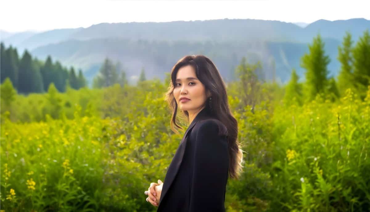 Үүлэрхэг тэнгэрийн дор уулс, модоор хүрээлэгдсэн шар зэрлэг цэцэгсийн өтгөн ногоон талбайд урт үстэй эмэгтэй зогсож байна. Хар хүрэм өмссөн тэрээр дотоод хөтөчөөр удирдуулсан мэт байгалийн амгалан тайван байдлыг шингээсэн камер руу ширтэнэ. - Business.MN