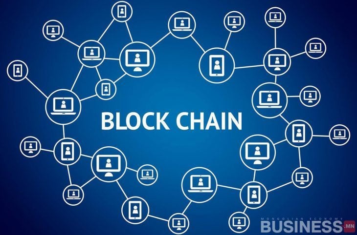 Зөөврийн компьютер болон хэрэглэгчийн дүрс бүхий хоорондоо холбогдсон зангилаануудыг харуулсан цэнхэр дэвсгэр дээрх блокчейн сүлжээний диаграмм. Төв хэсэгт "БЛОК ГИНЖ" гэсэн үг тод харагдаж байна. - Business.MN