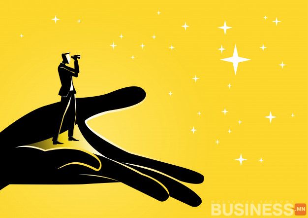 Цагаан одтой тод шар дэвсгэр дээр том гар дээр зогсож буй дуран барьсан хүний дүрс. Энэ үзэгдэл нь эрэл хайгуул эсвэл алсын харааг илэрхийлдэг. - Business.MN