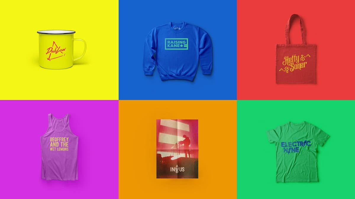 A grid of six colorful squares, each featuring a different item: a yellow mug, a blue sweatshirt, a red tote bag, a pink tank top, an orange book, and a green t-shirt, all with unique designs and text.