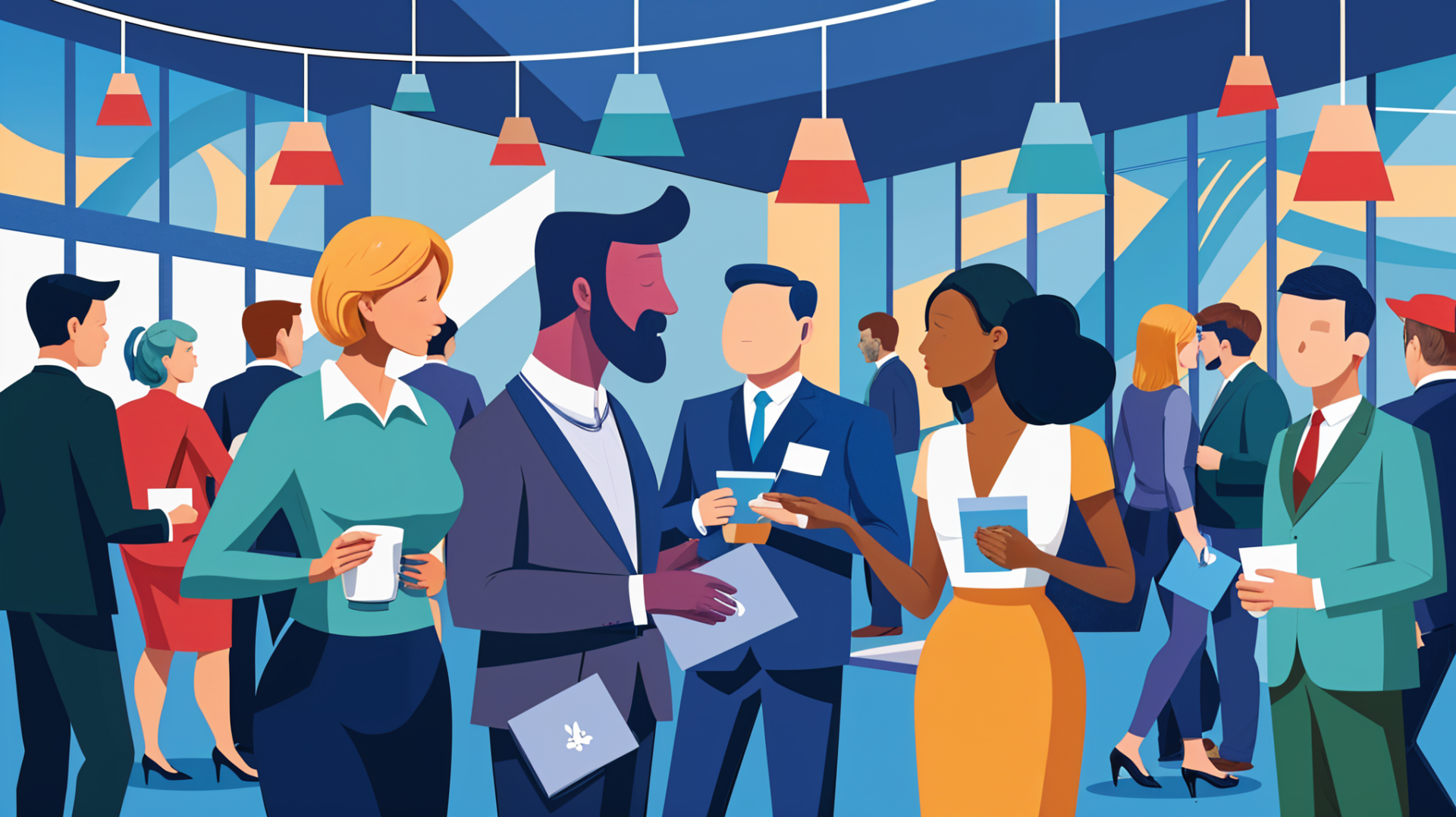 Illustration of a professional networking event with diverse people in business attire. They are mingling, holding drinks and documents, and having conversations. Bright lighting and colorful hanging lamps contribute to a vibrant atmosphere.