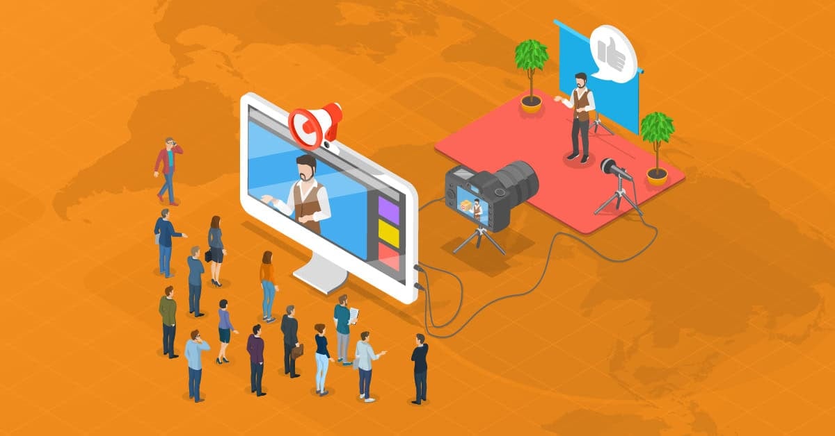 Шууд дамжуулалтын тохиргооны дүрслэл. Баруун талд, энтрепренер үзэгчдэд хандаж, зүүн талд байгаа том дэлгэц дээр гарч ирнэ. Чанга яригчийг бичихийн тулд камер, микрофон, гэрэлтүүлгийн төхөөрөмжийг ашигладаг. Виртуал үзэгчид дараалалд зогссон дэлгэцийг харж байна.
- Business.MN