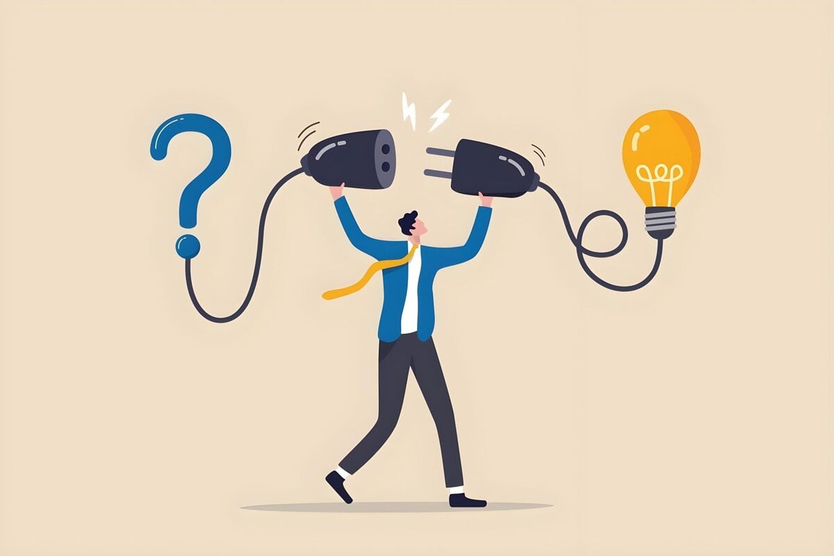 Illustration of a man holding an electrical plug and socket, standing between a question mark and a glowing light bulb, symbolizing finding solutions to problems or connecting ideas for innovation.