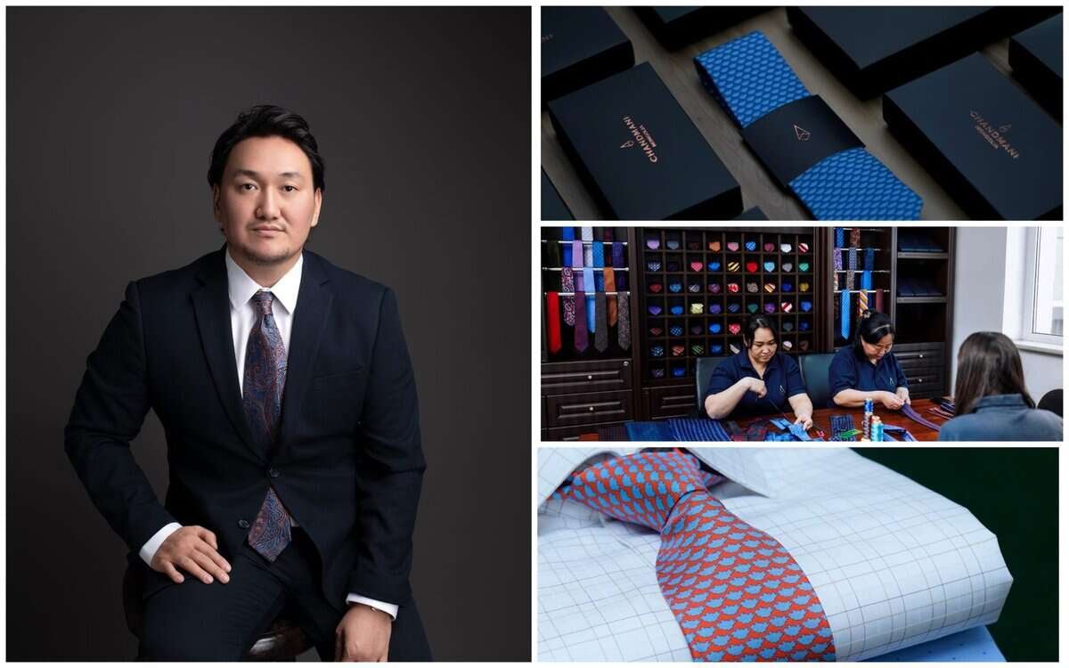 Дөрвөн зургийн эвлүүлэг: костюм, зангиа зүүсэн энтрепренер бадан дээр харанхуй дэвсгэр дээр сууж байгаа, хайрцагт байрлуулсан цэвэрхэн боосон зангиа, компанийн цехэд зангиа засаж буй гурван хүн, чек дээрх хээтэй зангианы ойрын зураг. - хээтэй цамц. - Business.MN