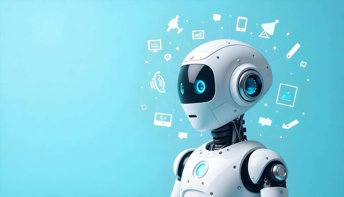 A futuristic white robot with blue accents stands against a light blue background. Various icons like email, Wi-Fi, and music symbols float around its head, highlighting its role in RPA and tech functionality.