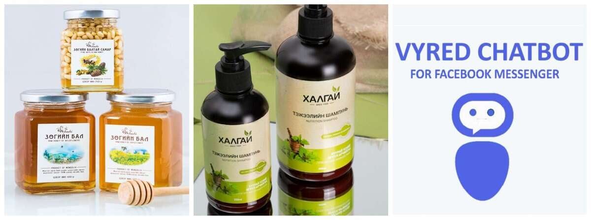 Гурван хэсэг бүхий эвлүүлэг: нарсны самартай лонхтой зөгийн бал, жижиг модон зөгийн бал, ногоон шошготой байгалийн шампунь, ангижруулагч хоёр шил, бизнес дүрс бүхий цэнхэр цагаан өнгийн "Facebook Messenger-д зориулсан Vyred Chatbot" график. - Business.MN