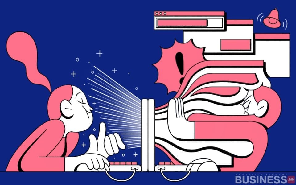 Зөөврийн компьютерээр дамжуулан харилцаж буй хоёр хүний хийсвэр дүрслэл. Нэг хүн дэлгэц рүү үлээж, нөгөө хүнийхээ компьютерээс цаас, эд зүйл нисч, тэднийг түгшээдэг. Арын дэвсгэр нь цэнхэр өнгөтэй, улаан, цагаан өнгөтэй. - Business.MN