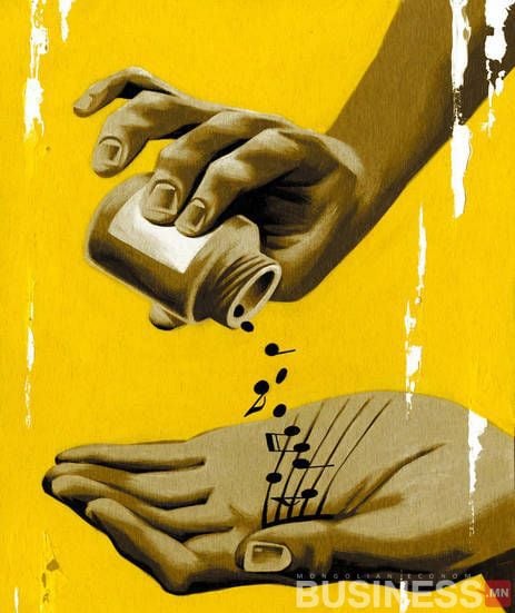 Эмийн савнаас өөр гар руу хөгжмийн нот асгаж буй энтрепренерийг бэлгэдсэн гар нь шар дэвсгэр дээр байрладаг. - Business.MN