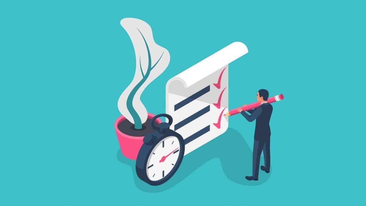 Аварга том харандаа барьсан энтрепренер цагийн хажууд хийх зүйлсийн жагсаалт болон цайвар цайвар дэвсгэр дээрх ваартай ургамлыг шалгаж байна. - Business.MN