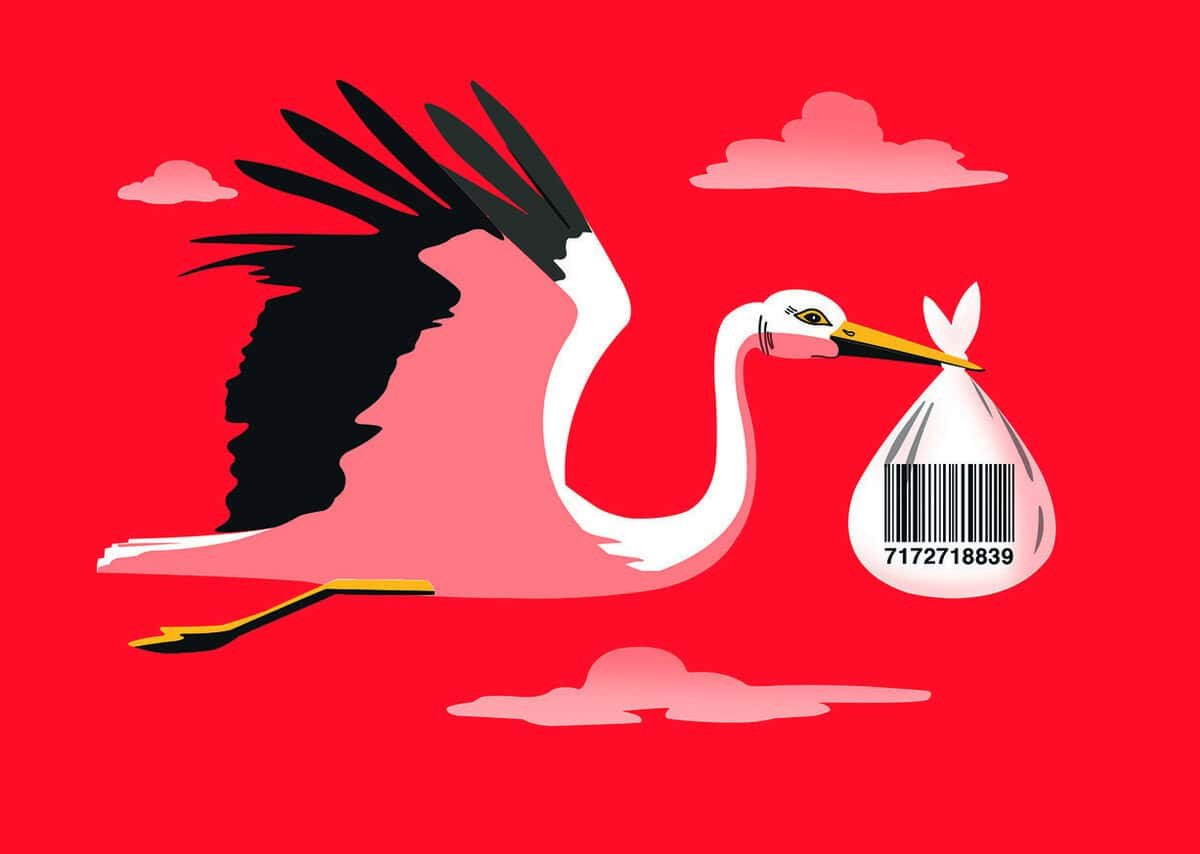 Хошуундаа 7172718839 гэсэн бар код бүхий цагаан шуудай үүрсэн улаан дэвсгэр дээр нисч буй дүрстэй өрөвтас. Ягаан үүлс эргэн тойронд тархсан байна. - Business.MN