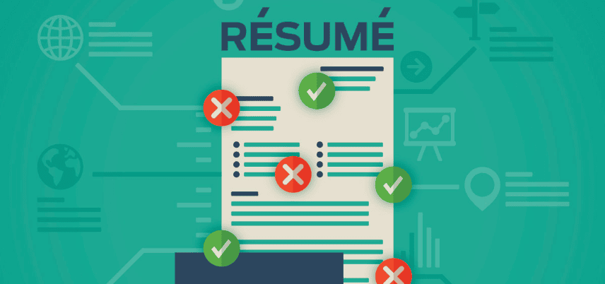 An illustrated résumé with check marks and X marks highlighting various sections. The background features icons like a globe, chart, and signposts, suggesting job search or résumé evaluation.