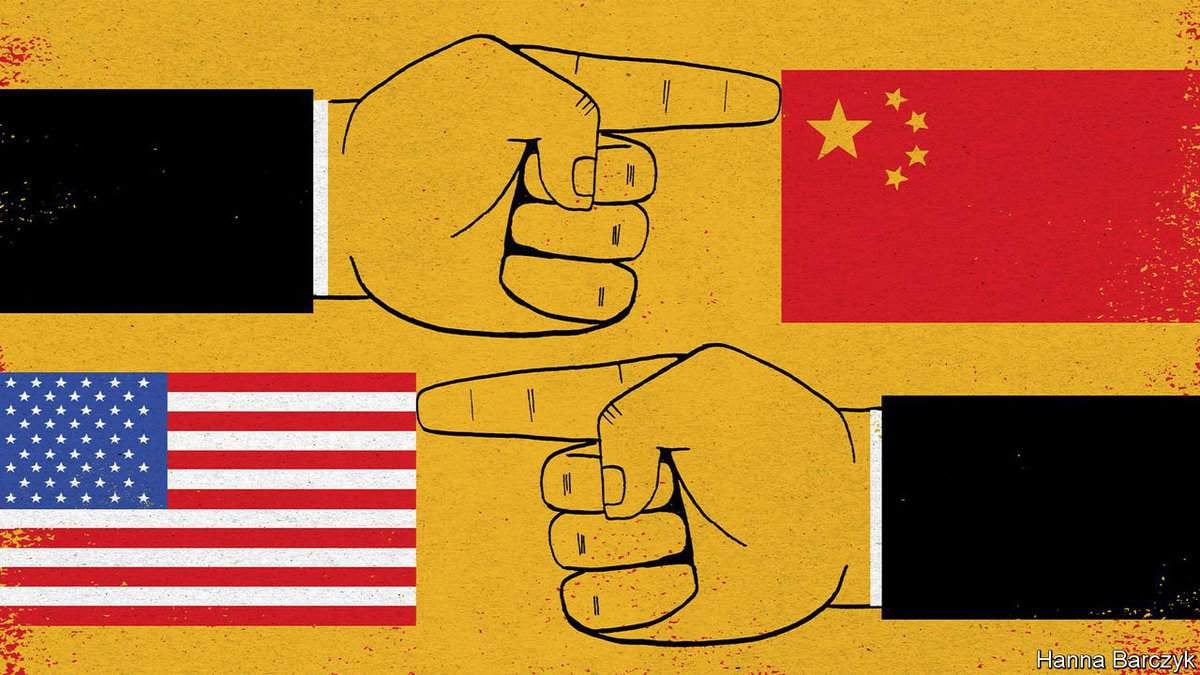 Хоёр орны бизнесийн ашиг сонирхлын зөрчилдөөн, санал зөрөлдөөнийг илэрхийлсэн АНУ, БНХАУ-ын далбаан дээр бие бие рүүгээ чиглүүлсэн гаруудын зураг. - Business.MN