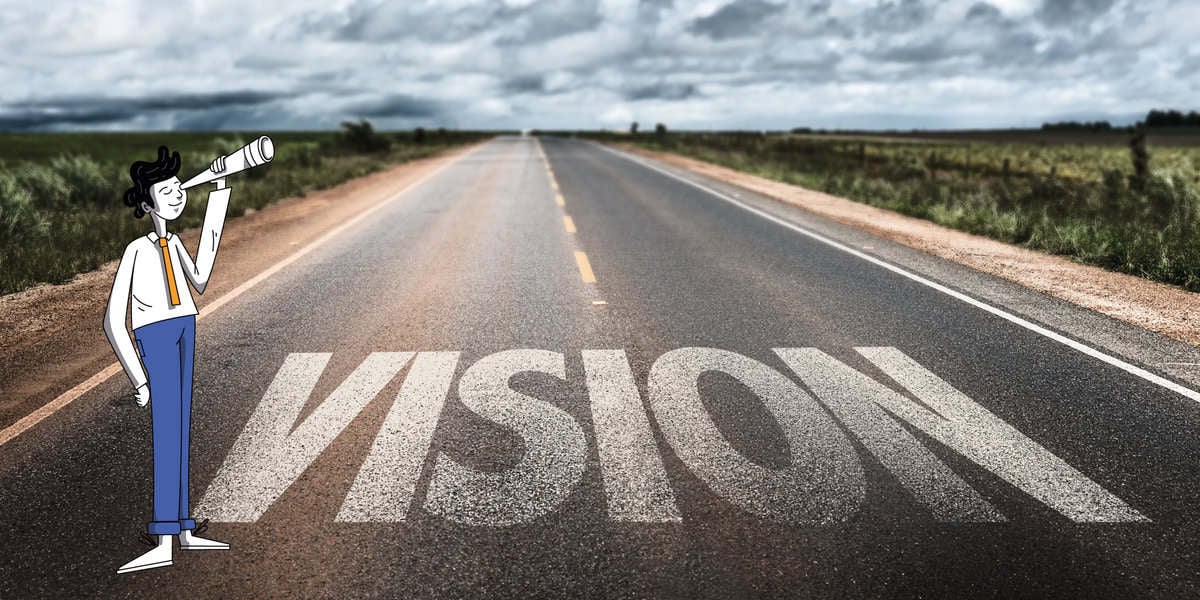 Хоосон зам дээр хүүхэлдэйн киноны дүрс дуран бариад алсыг харан зогсож байна. Зам дээр "VIZION" гэдэг үгийг тод томруун үсгээр тод харуулдаг. Зам нь үүлэрхэг тэнгэрийн дор тэнгэрийн хаяа чиглэн сунаж тогтсон бөгөөд энэ нь энтрепренерийн цэцэглэн хөгжиж буй компани байгуулах аяныг бэлэгддэг. - Business.MN