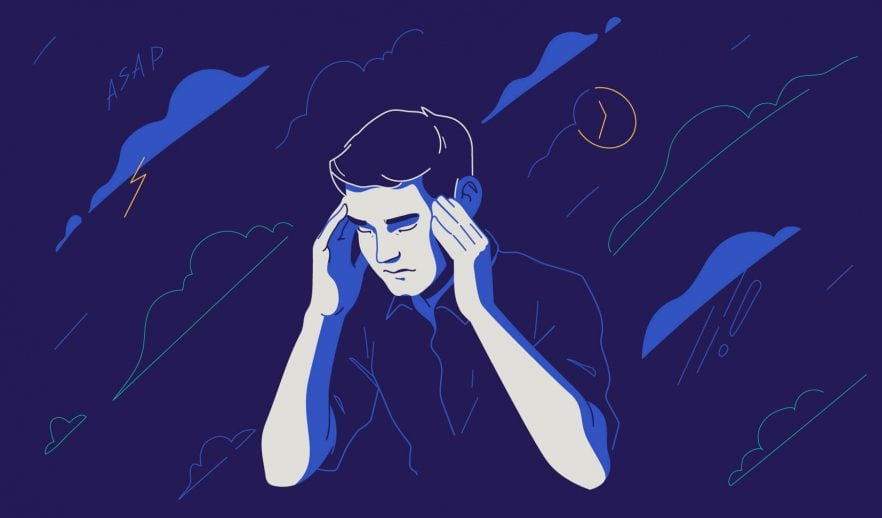 Стрессд автсан эсвэл гүн бодолд автсан хүний дүр төрх. Түүний эргэн тойронд үүл, анхаарлын тэмдэг, хар хөх өнгийн дэвсгэр дээр "ASAP" гэх мэт хийсвэр дүрс, тэмдэгтүүд байдаг. - Business.MN