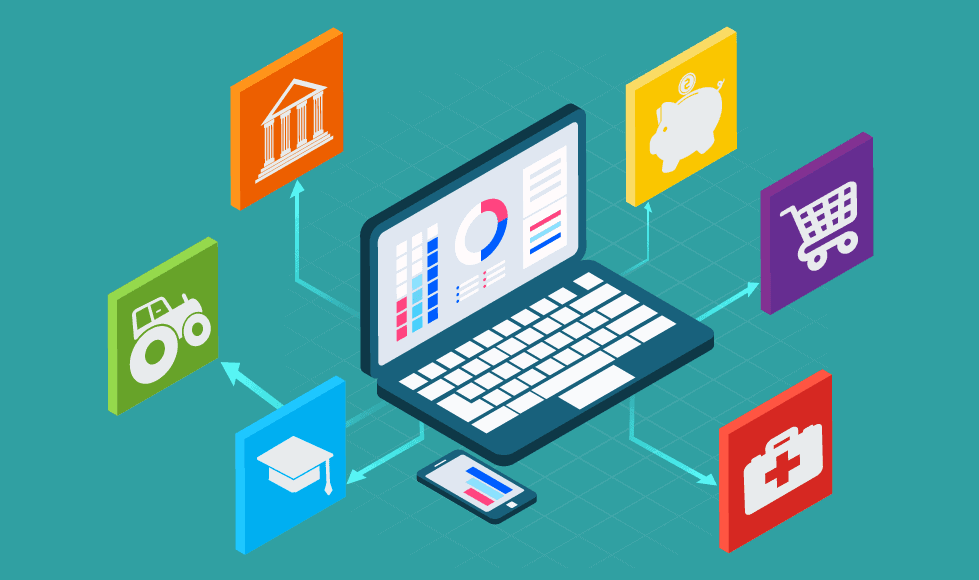 Засгийн газрын байр, гахайн банк, худалдааны тэрэг, трактор, төгсөлтийн малгай, эмнэлгийн хэрэгсэл зэрэг зургаан өнгийн дүрстэй холбогдсон дэлгэцэн дээрээ янз бүрийн график бүхий зөөврийн компьютерийг дүрсэлсэн зураг. Зөөврийн компьютерын өмнө ижил төстэй бизнес диаграммуудыг харуулсан ухаалаг гар утас харагдаж байна. - Business.MN