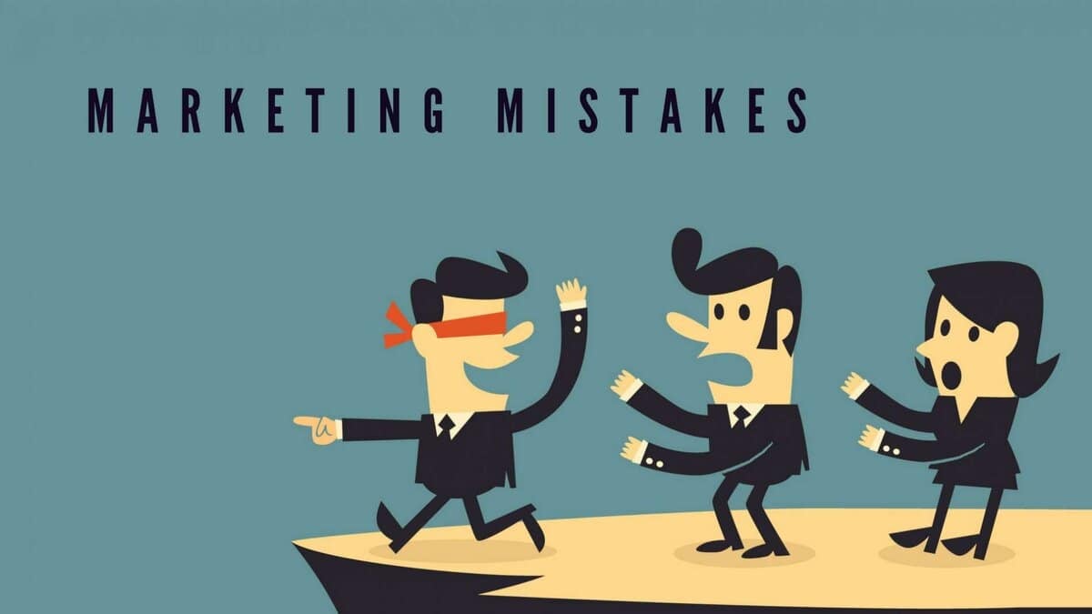 "Маркетингийн алдаа" гэсэн бичвэр бүхий нүдийг нь боосон энтрепренер хадан дээрээс бууж буй хүүхэлдэйн кинонд түүний компанийн хоёр хамтран зүтгэгч сандарч байв. - Business.MN