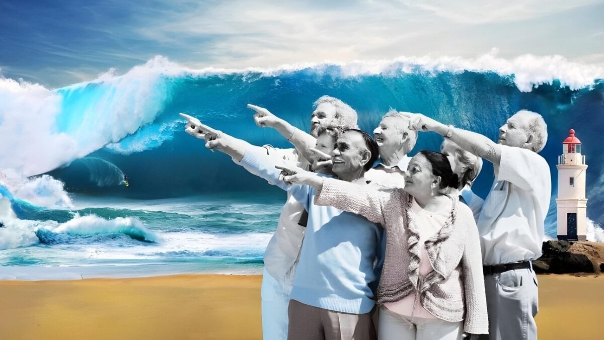 A group of elderly people stand on a beach, smiling and pointing toward a large, dramatic ocean wave—symbolizing the "Мөнгөн цунами: Хөдөлмөрийн зах зээлийн ээлжит сорилт." A lighthouse stands on the shore under a partly cloudy sky.