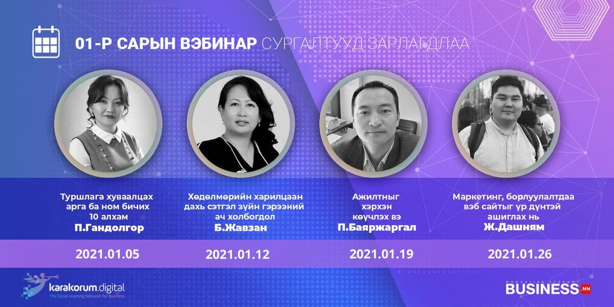 2021 оны 1-р сарын 5, 12, 19, 26-ны өдрүүдэд болох үйл явдлын товыг дэлгэрэнгүй харуулсан дөрвөн бизнес илтгэгч оролцсон вебинарын сурталчилгааны постер. - Business.MN