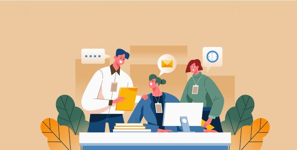 Illustration of three people working together at a desk. One person holds a document, another is seated with a computer, and the third looks on with a clipboard. Speech and clock icons are above them, with plants in the background.