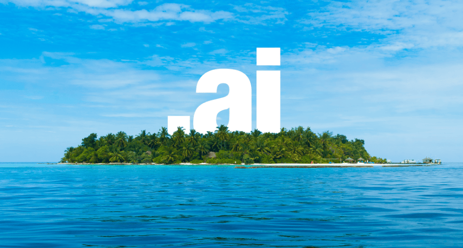 Ангилья дахь өтгөн ногоон байгууламж бүхий халуун орны арал нь тод тэнгэрийн дор цэнхэр далайгаар хүрээлэгдсэн байдаг. Ангилья домайн нэрээс санаа авсан ".ai" хэмээх том цагаан бичвэрийг арлын дээгүүр наасан байна. - Business.MN