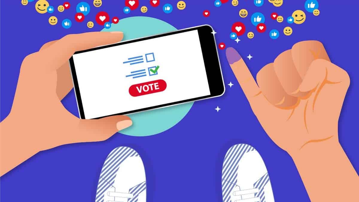 Сонгох хайрцаг болон "Саналаа өгөх" товчлуур бүхий санал өгөх апп-тай утсаа барьж буй Z үеийн хүмүүсийн дүрслэл. Дэлгэц товшихоор гараа сунгаж, үзүүлэхийг хүсч байна. Арын дэвсгэрийг лайк, эможи зэрэг олон нийтийн мэдээллийн хэрэгслийн хөвөгч дүрсээр чимэглэсэн бол моодны гутал доод талд харагдана. - Business.MN