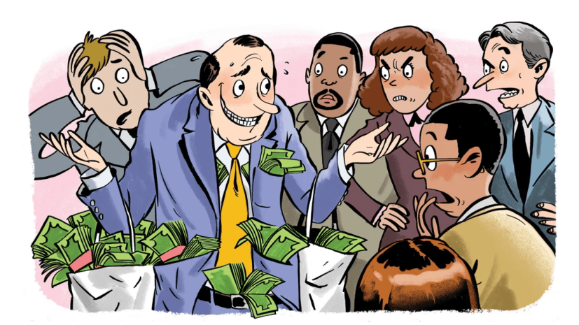 Цутга дүүрэн бэлэн мөнгөтэй костюм өмссөн инээмсэглэсэн хүн мөрөө хавчиж байхад түүний эргэн тойронд хэсэг бүлэг хүмүүс гайхсан, цочирдсон, ууртай харагдаж байгаа нь удирдлагын урамшуулал буюу удирдлагын цалинг харуулсан дүр зураг юм. - Business.MN