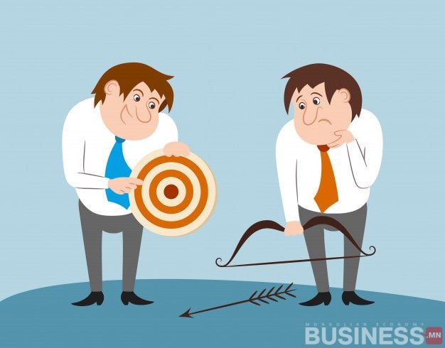 Хоёр хүүхэлдэйн киноны бизнесмен: нэг нь энтрепренер, бай барьдаг; нөгөөх нь хугарсан сум руу хараад эргэлзэн бөхийж байна. - Business.MN