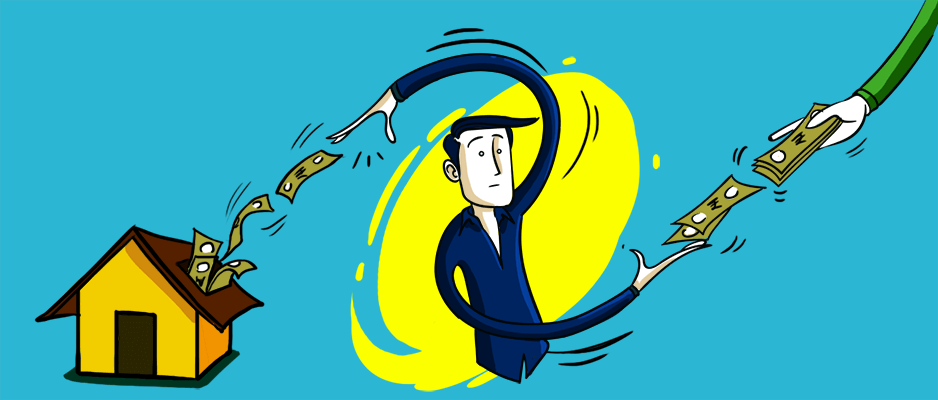 Нэг хүн байшин, сунгасан гар хоёрын хооронд баригдаж, байшингаас мөнгө урсаж, энтрепренерт өгчээ. - Business.MN