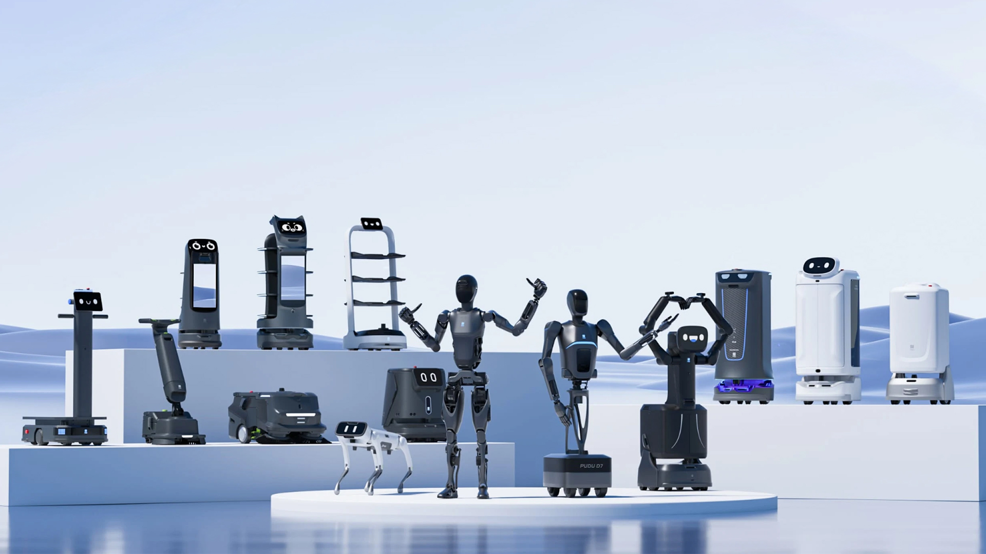 A group of various robots, including humanoid, wheeled, and quadruped designs, posed together on tiered white platforms against a light blue background.