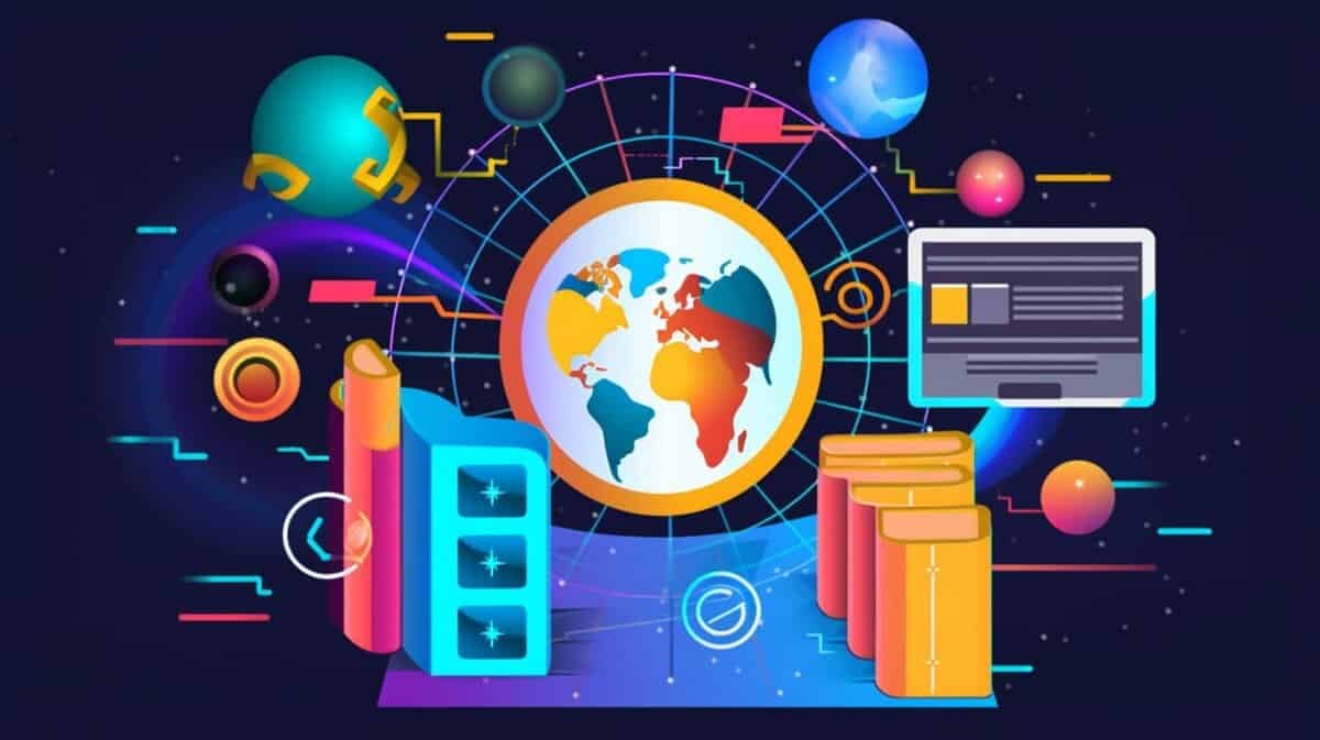 Ном, дэлгэц, хийсвэр дүрсээр хүрээлэгдсэн бөмбөрцгийг харуулсан өнгөлөг дижитал дүрслэл. Арын дэвсгэр дээр технологи, дэлхий даяар суралцах, холболтыг бэлгэддэг гаригууд болон геометрийн хэв маяг багтсан бөгөөд технологи нь дэлхий даяар төслүүдийг хэрхэн гүүр болж байгааг харуулсан. - Business.MN