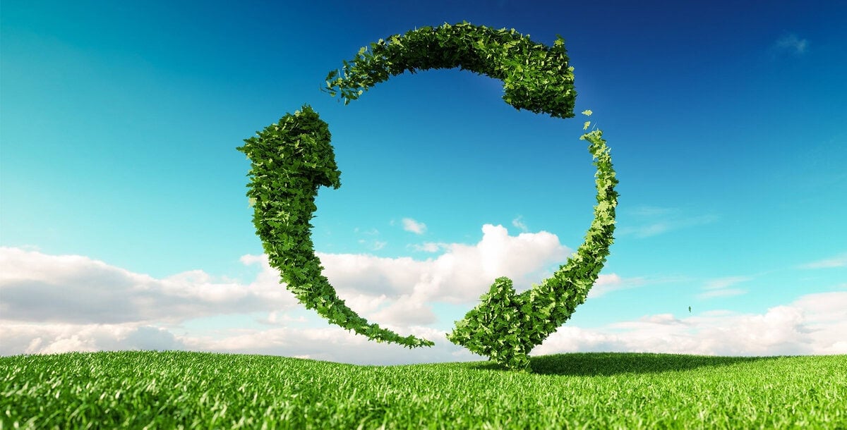 A green circular arrow made of leaves floats above a grassy field under a blue sky with clouds, symbolizing recycling and environmental sustainability.